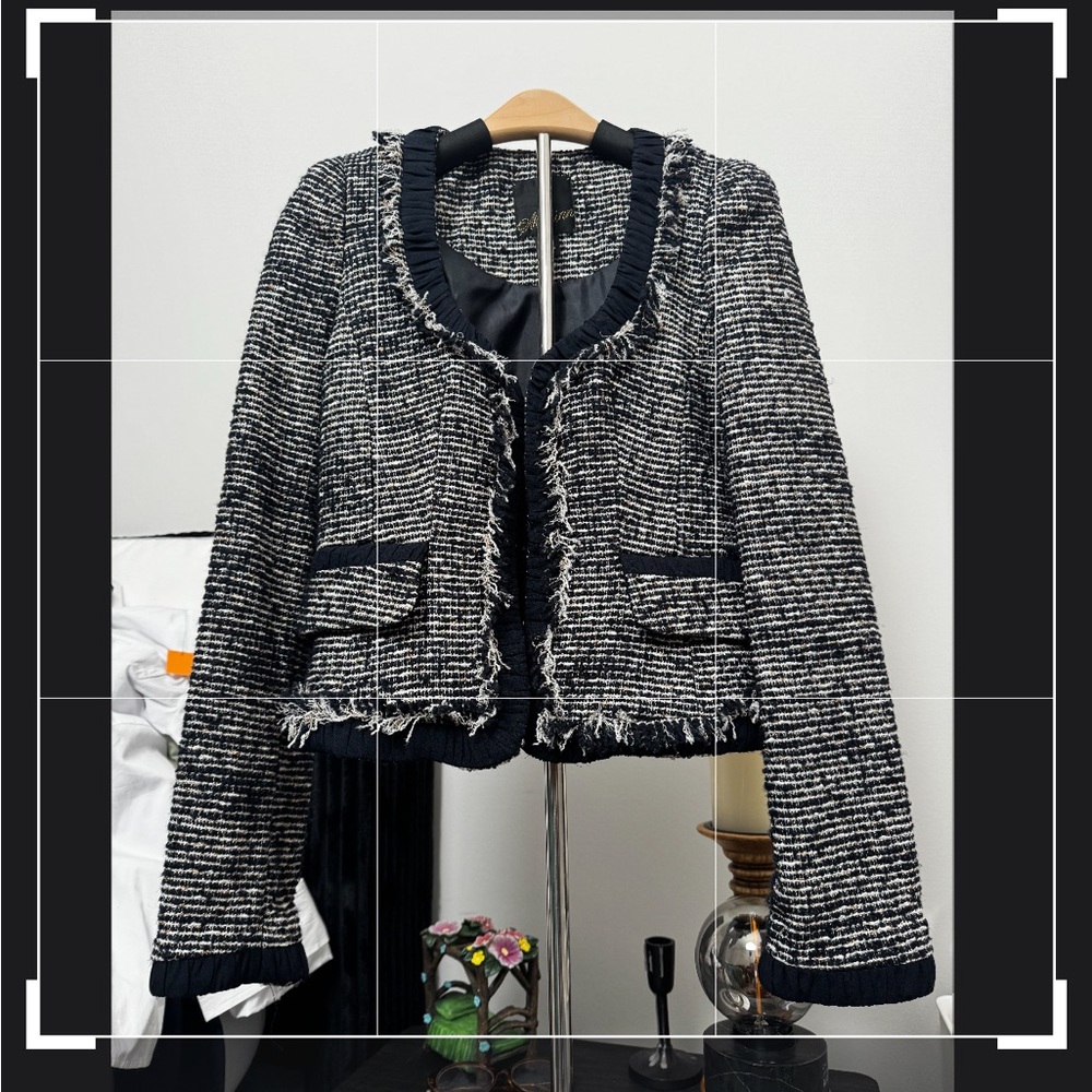 McGinn Navy Blue and White Tweed Jacket with Ruffle Trim XS